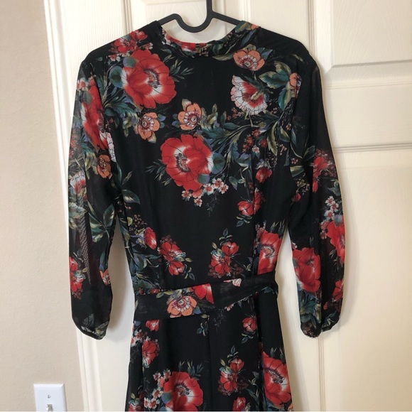 Black Red Dark Floral Chiffon 3/4 Long Sleeve Maxi Dress 6 - Picture 6 of 16